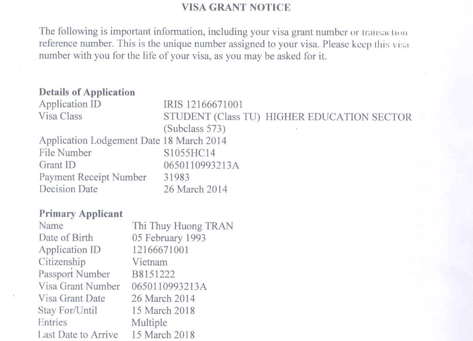 Visa du học Úc - Trần Thị Thùy Hương